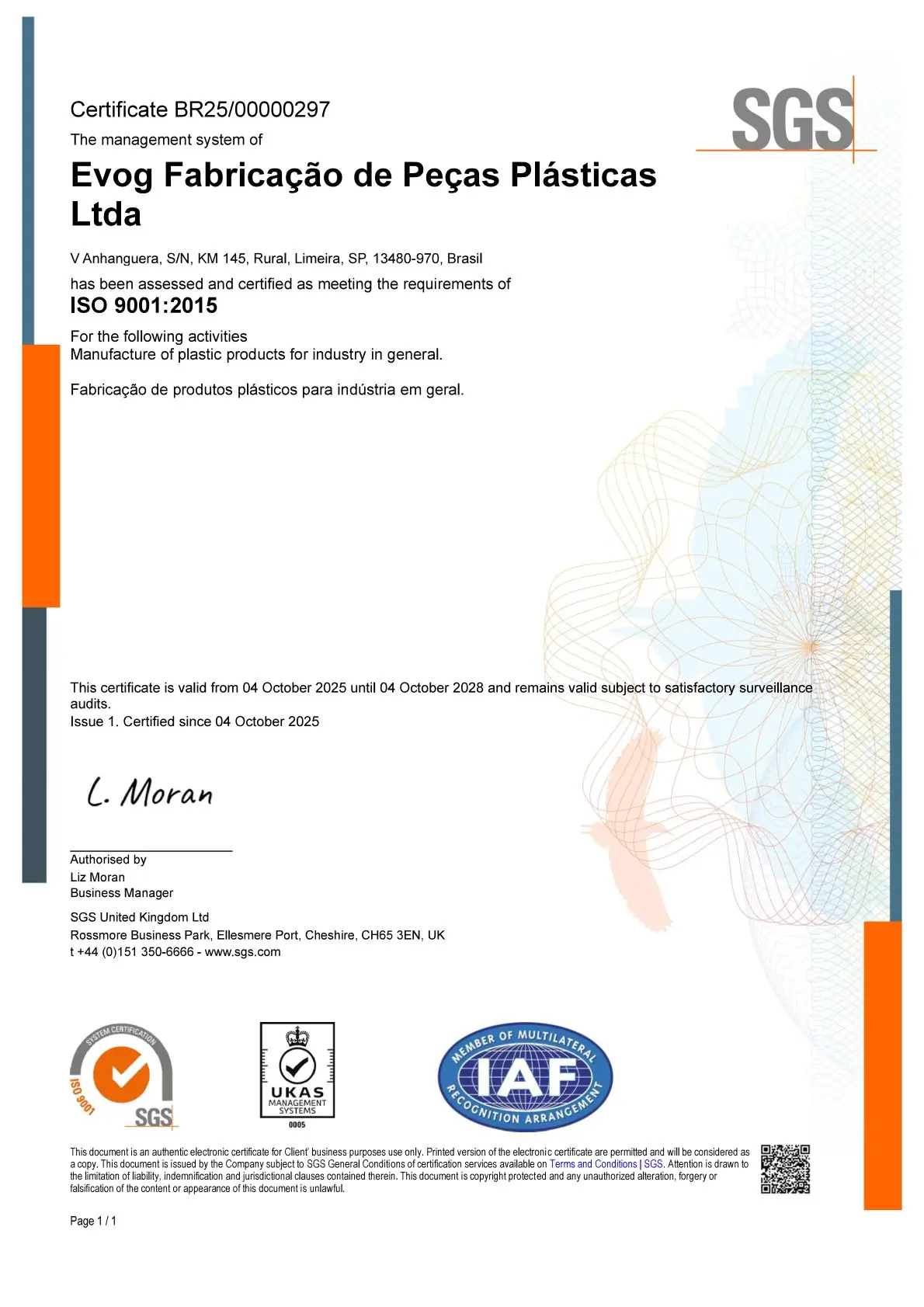 Certificado ISO 9001 - EVOG Fabricação de Peças Plasticas